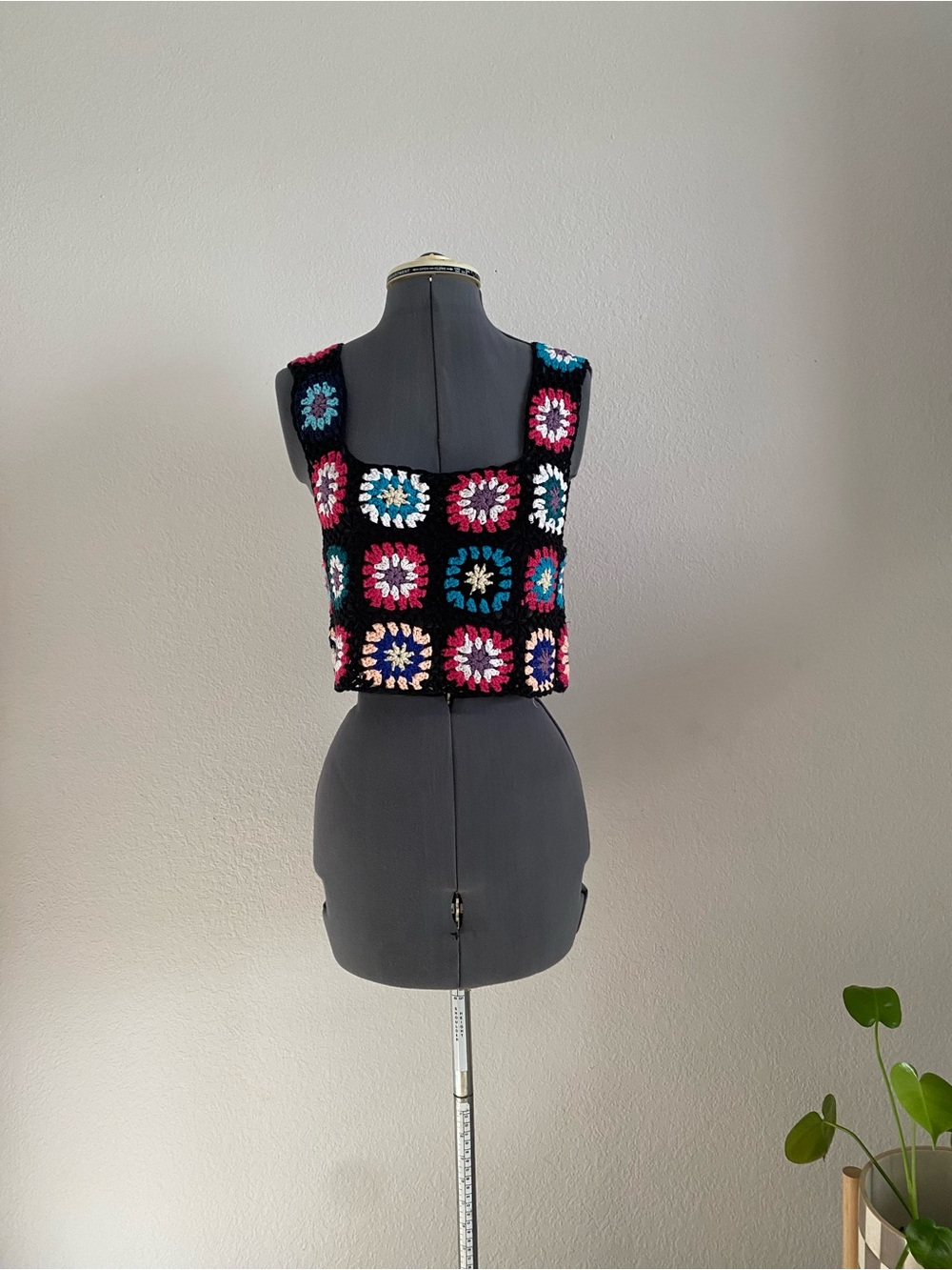 Handmade Crochet Granny Square Crop Top in Black with Multicolor Accents